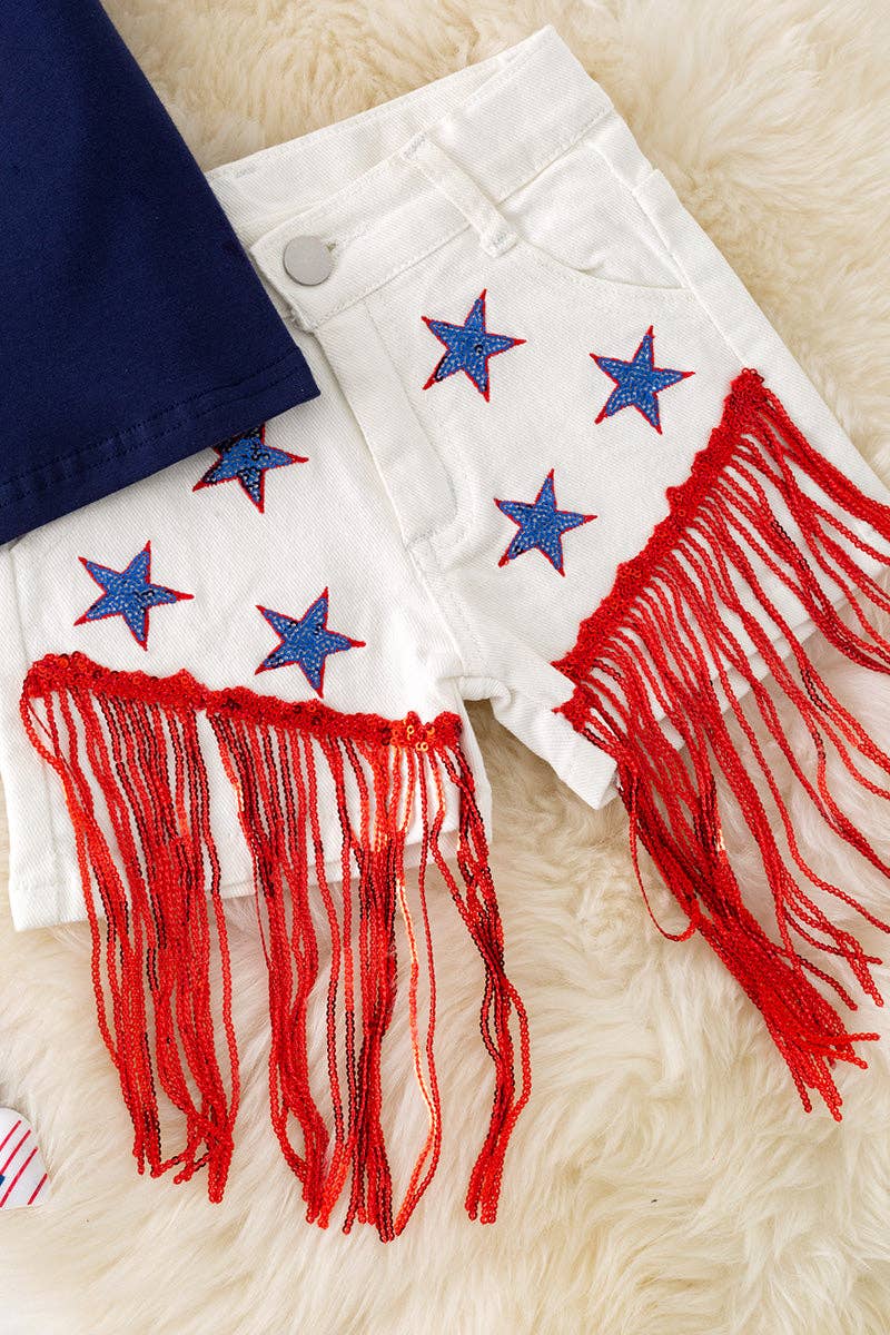 Stars & Stripes patriotic navy blue top & white denim shorts. OFG50593 SOL