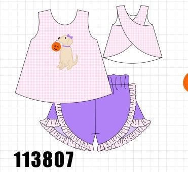 Pink Puppy Pumpkin Applique Ruffle Shorts Set