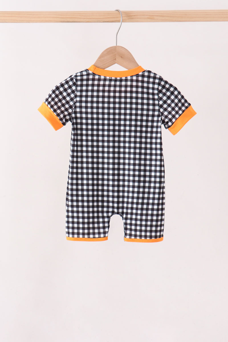 Black ghost spider embroidery gingham romper