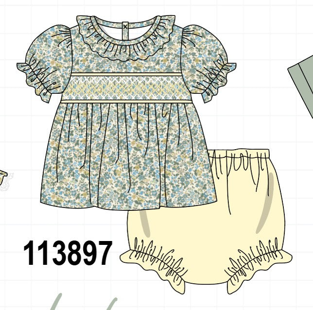 Sage Floral Smocked Ruffle Bloomer Set