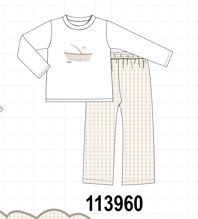 Khaki Puppy Fishing Embroidery Pants Set