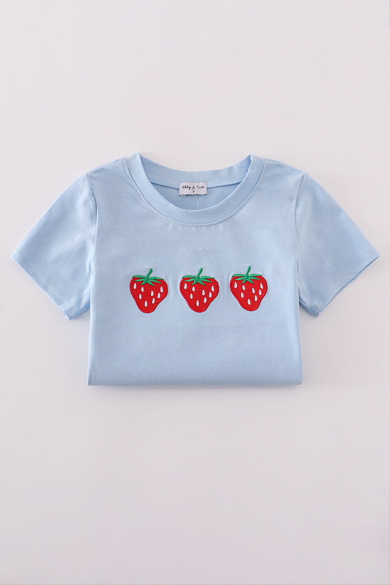 Blue strawberry embroidery boy top