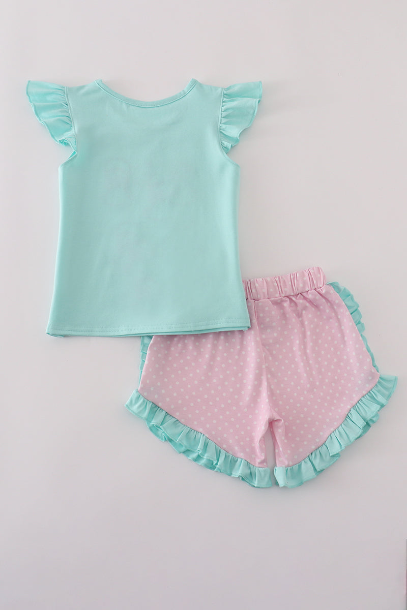 Blue character applique shorts set