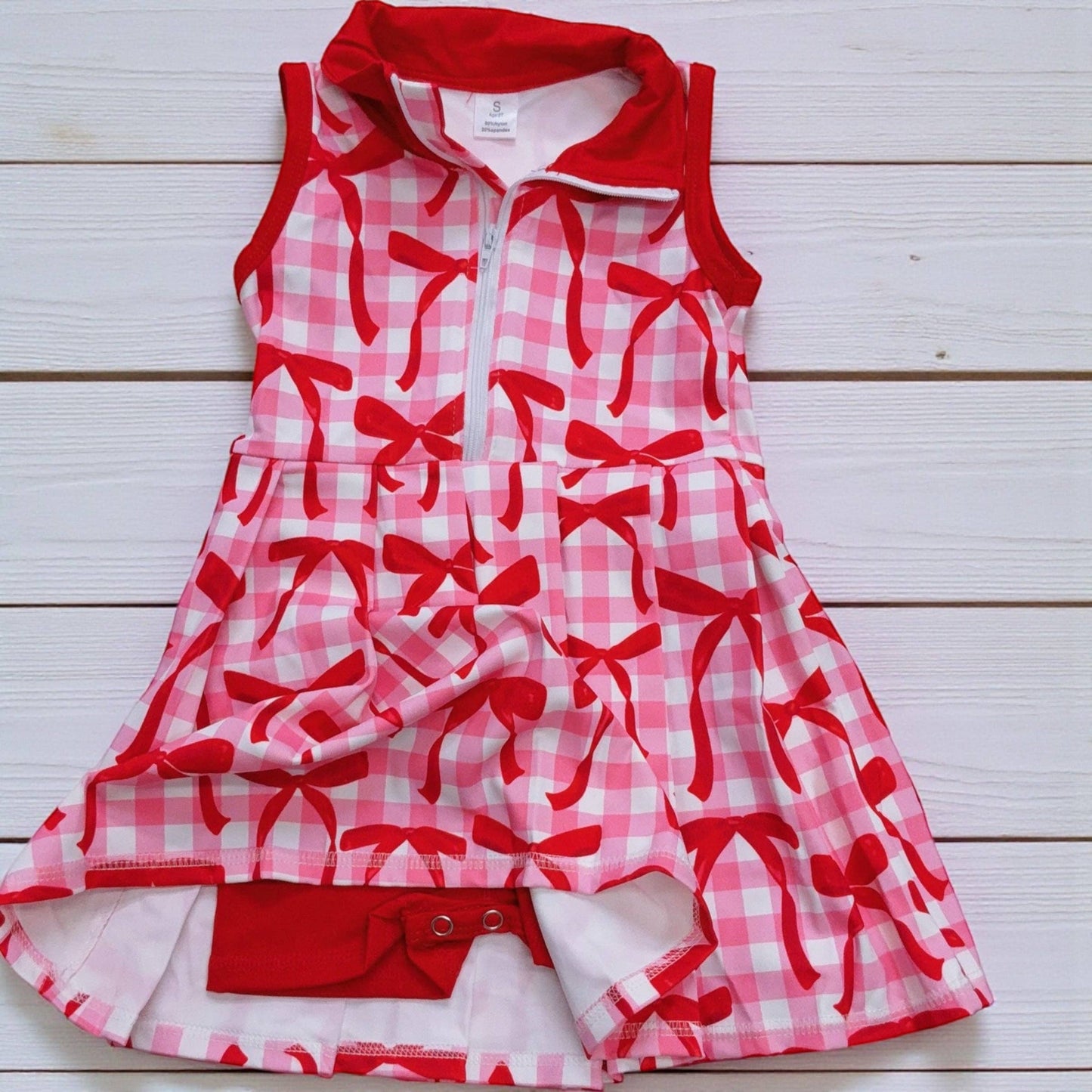 Red Coquette bow & pink gingham active wear dress w/undershorts with snaps. GSD102302-JEAN