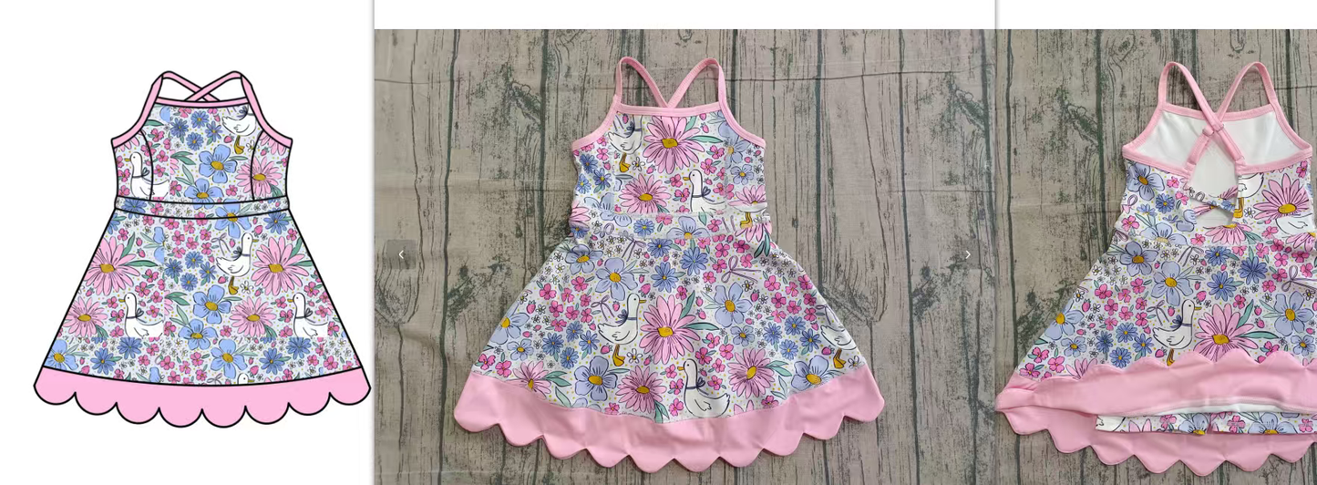 Seagull / floral printed girls dress with pink scallop hem. GSD013016 AMY