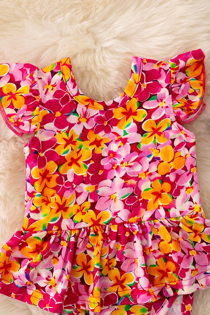 Bamboo made fuchsia & red w/yellow tone floral baby bodysuit