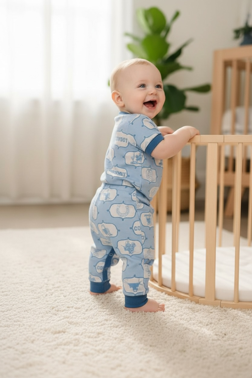 Lt. blue cowboy printed boys baby romper with snaps. SR100107-JEAN