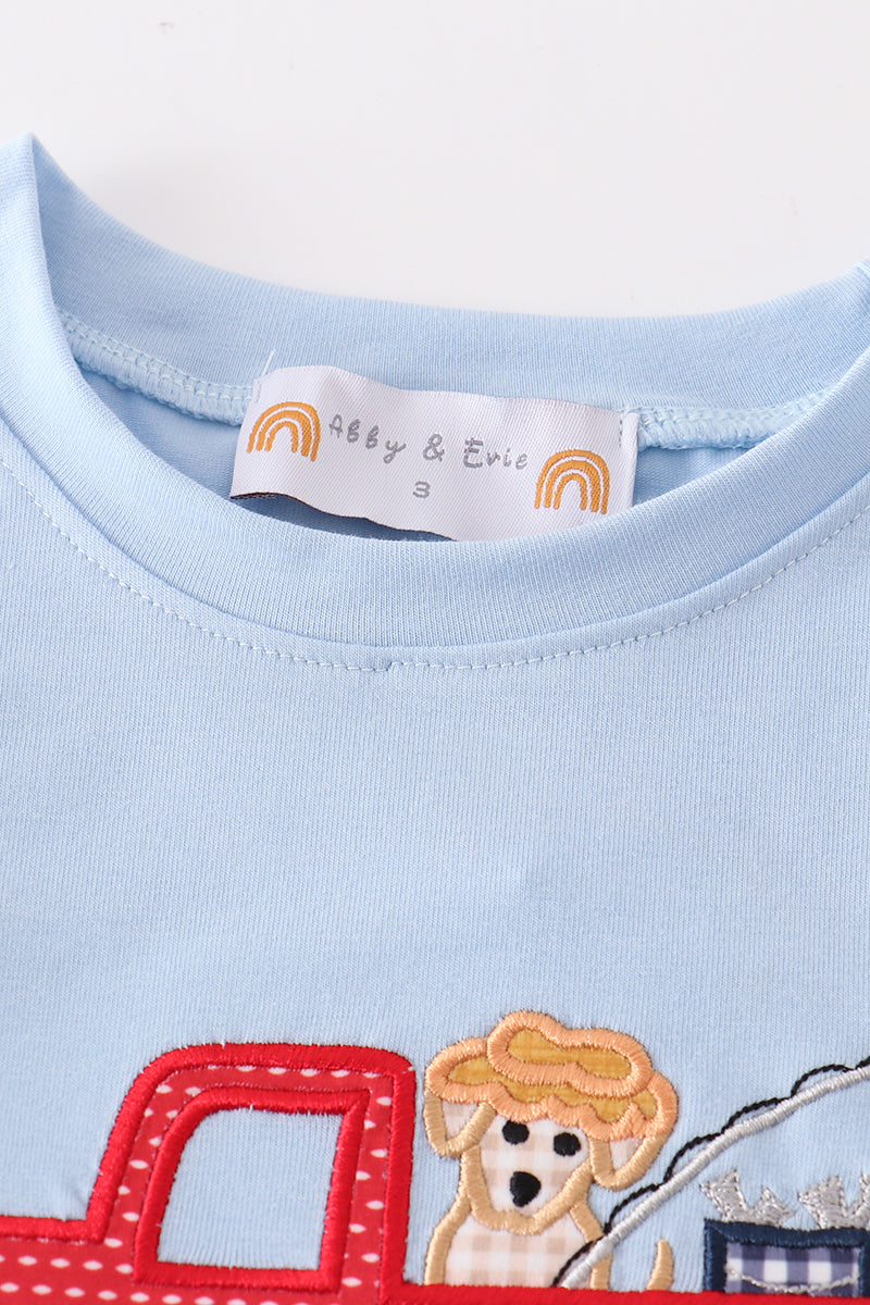 Blue fishing puppy applique boy set