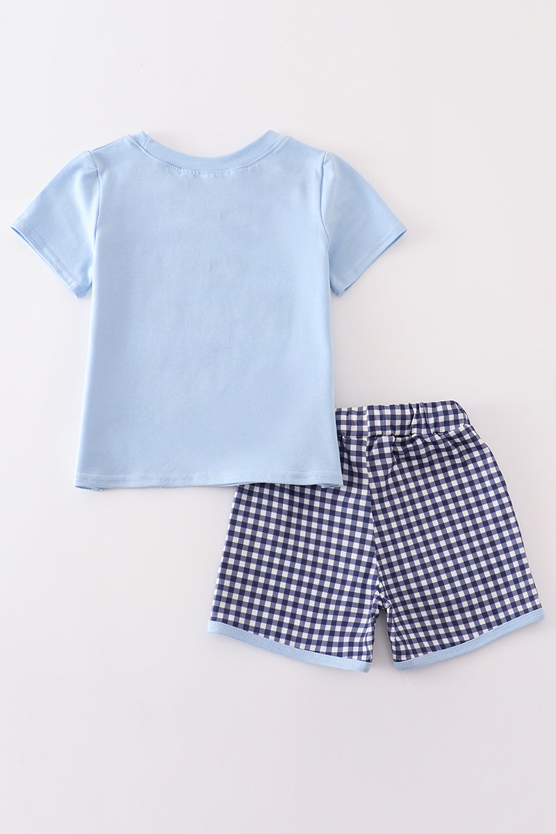 Blue fishing puppy applique boy set
