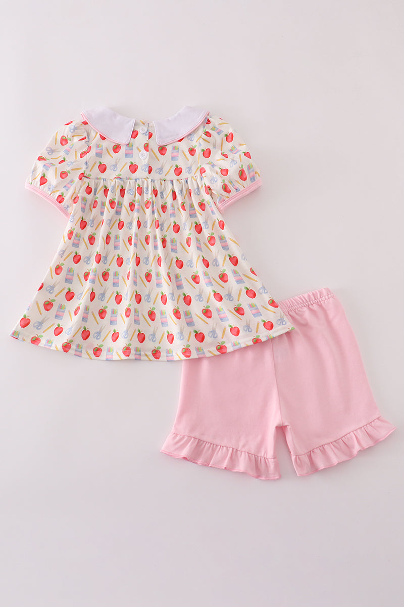Apple pencil print ruffle shorts set