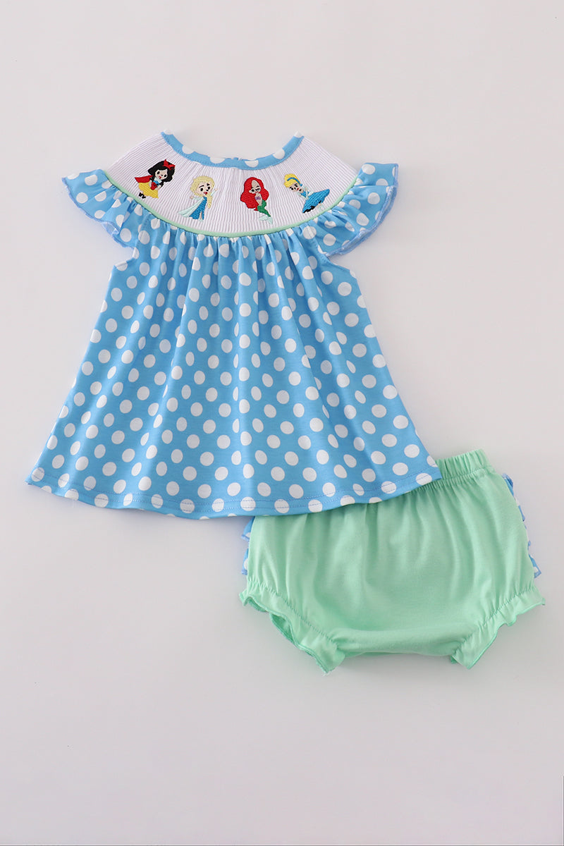 Blue dot character embroidery smocked bloomer set