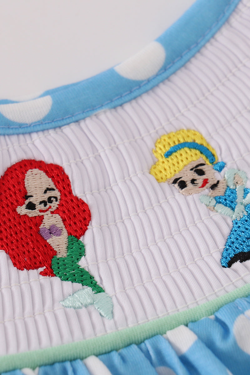 Blue dot character embroidery smocked bloomer set