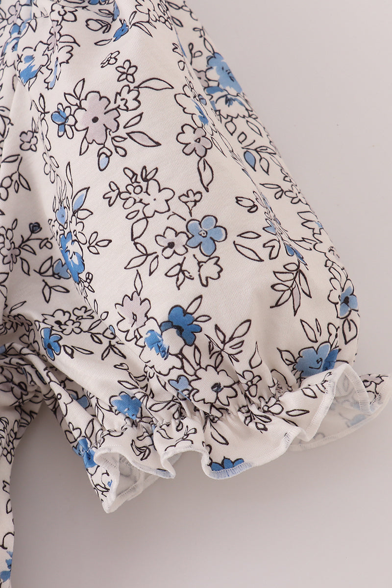 Blue vintage floral print tiered mom dress