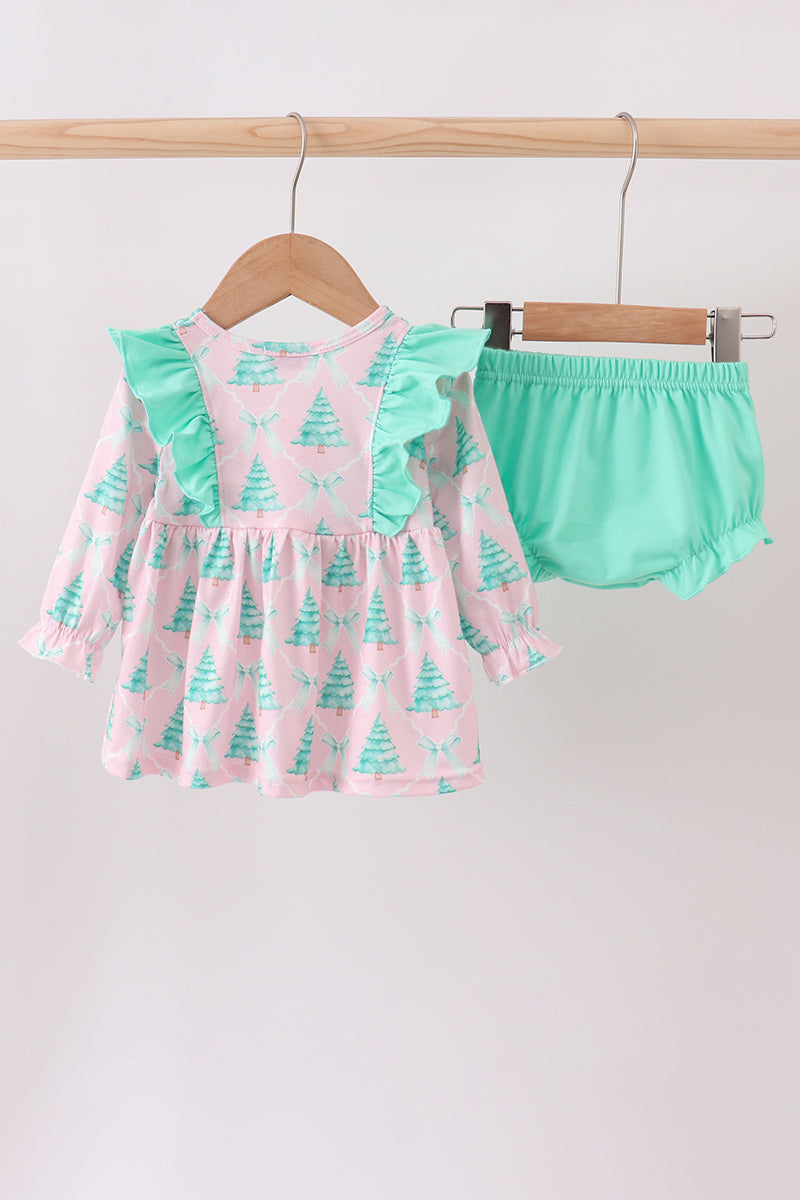 Pink christmas tree ruffle bloomer set
