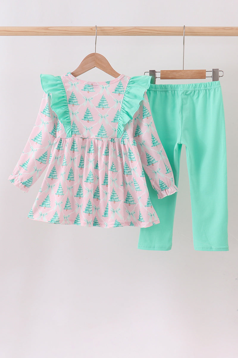 Pink christmas tree ruffle pants set