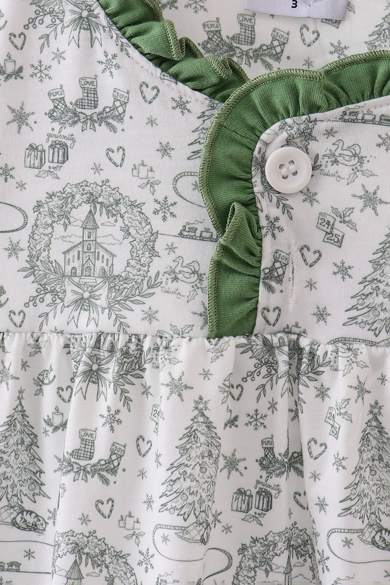Green christmas tree print ruffle gown