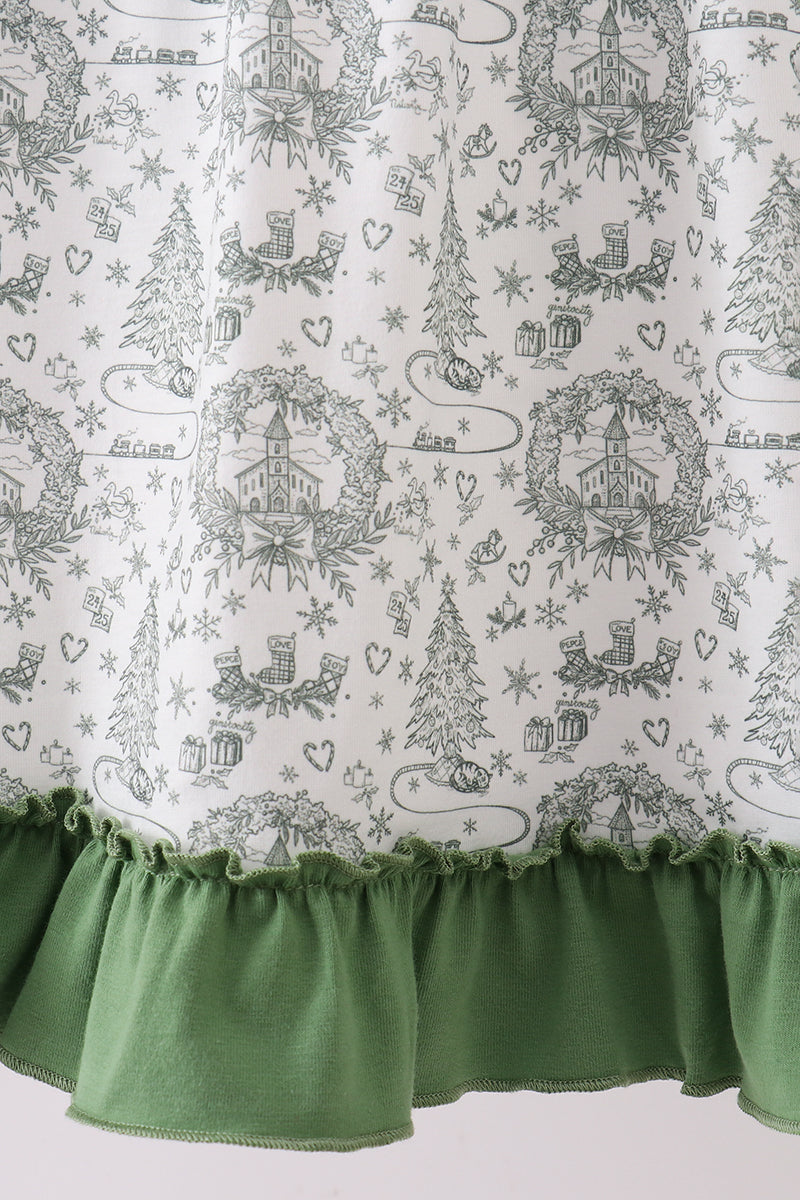 Green christmas tree print ruffle gown
