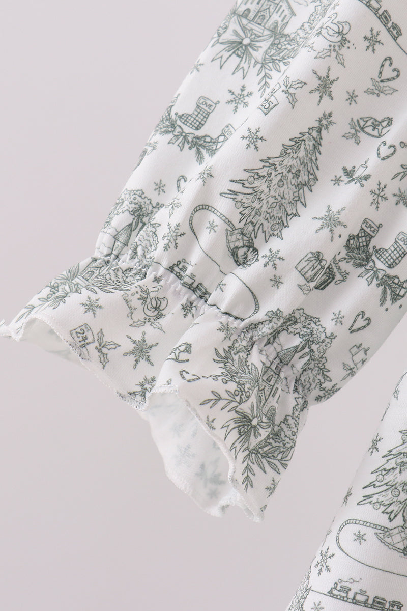 Green christmas tree print ruffle gown