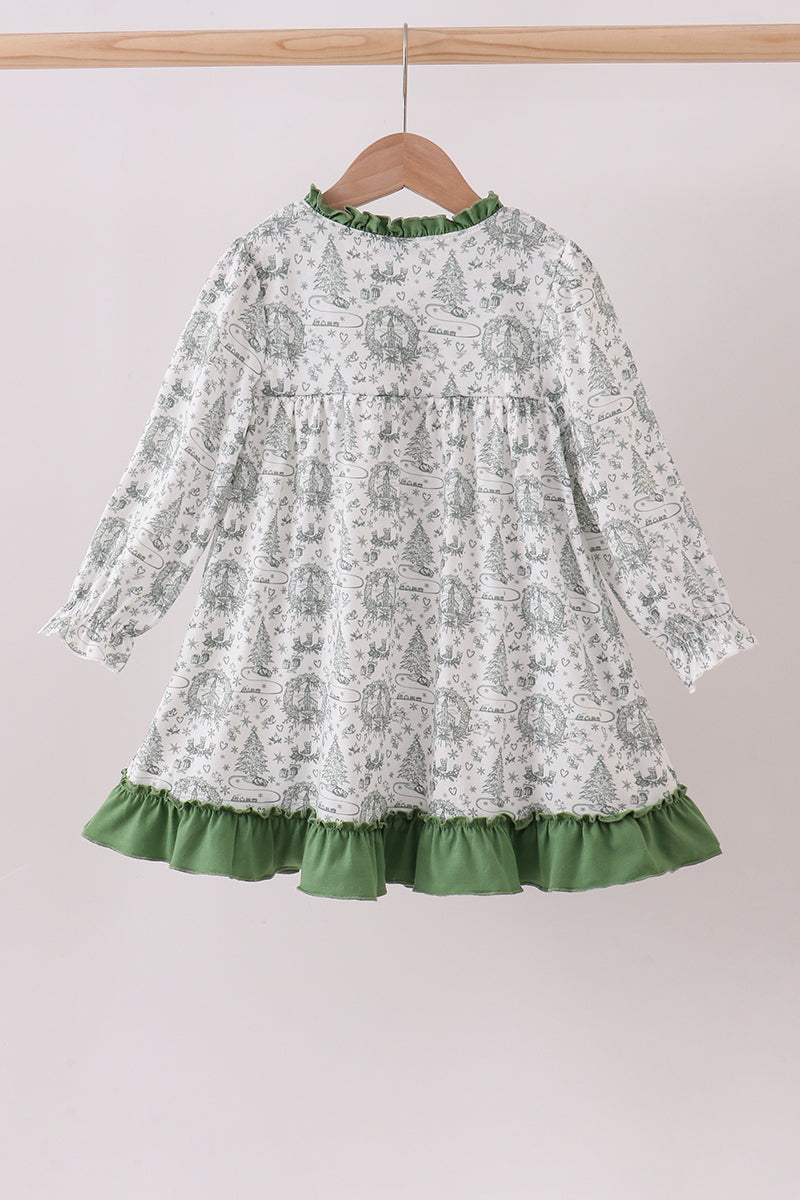 Green christmas tree print ruffle gown