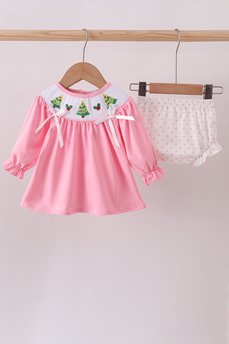 Pink christmas tree smocked bloomer set