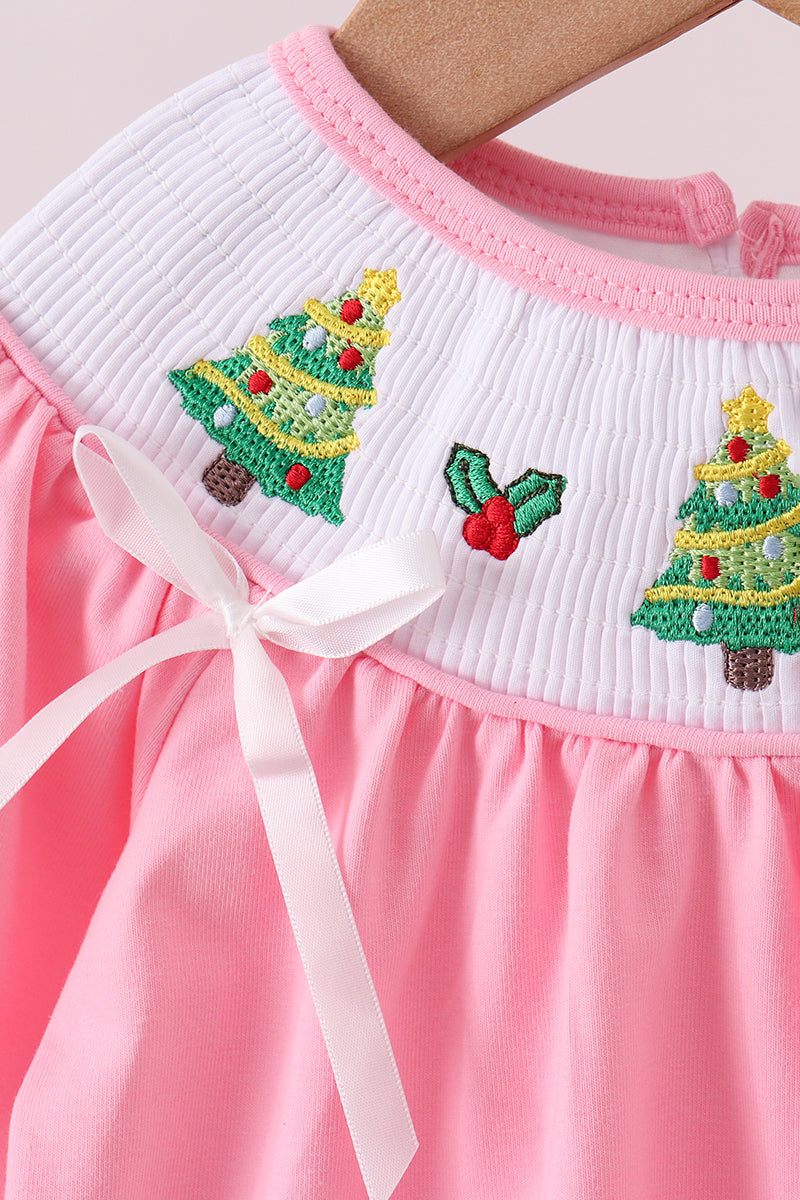 Pink christmas tree smocked bloomer set