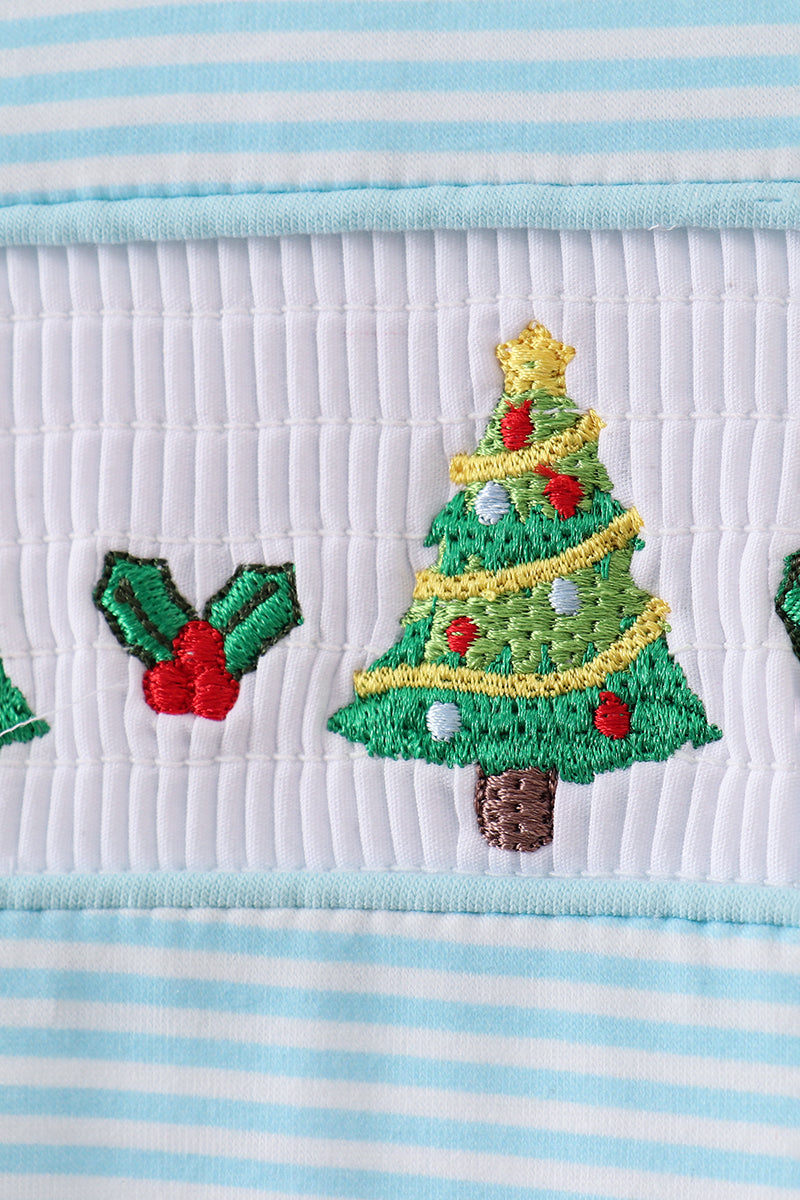 Blue stripe christmas tree smocked romper