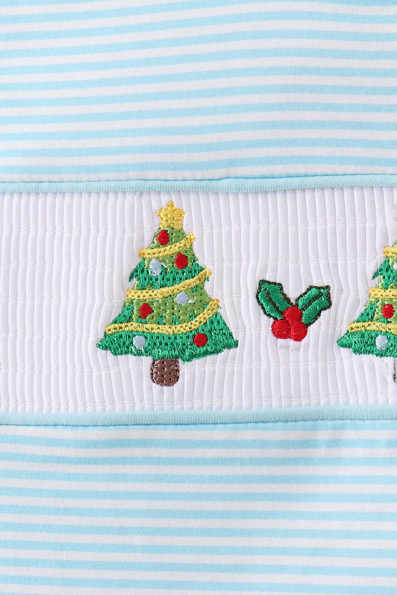 Blue stripe christmas tree smocked top
