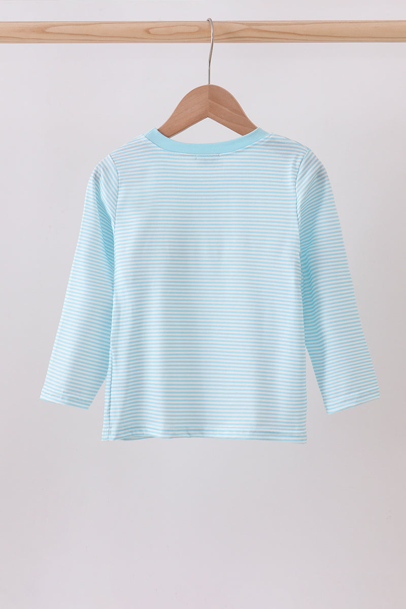 Blue stripe christmas tree smocked top