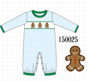 Blue Plaid Gingerbread Embroidery Romper