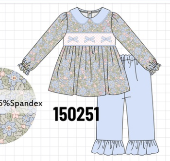 Blue Floral Bow Smocked Ruffle Pants Set