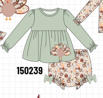 Sage Turkey Applique Bow Bloomer Set