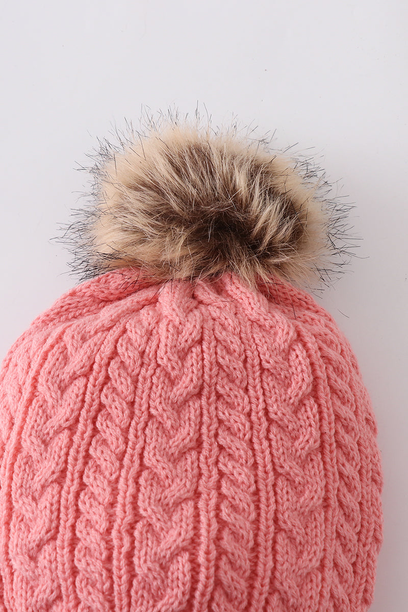 Bubblegum pink cable knit pom pom beanie hat baby toddler adult