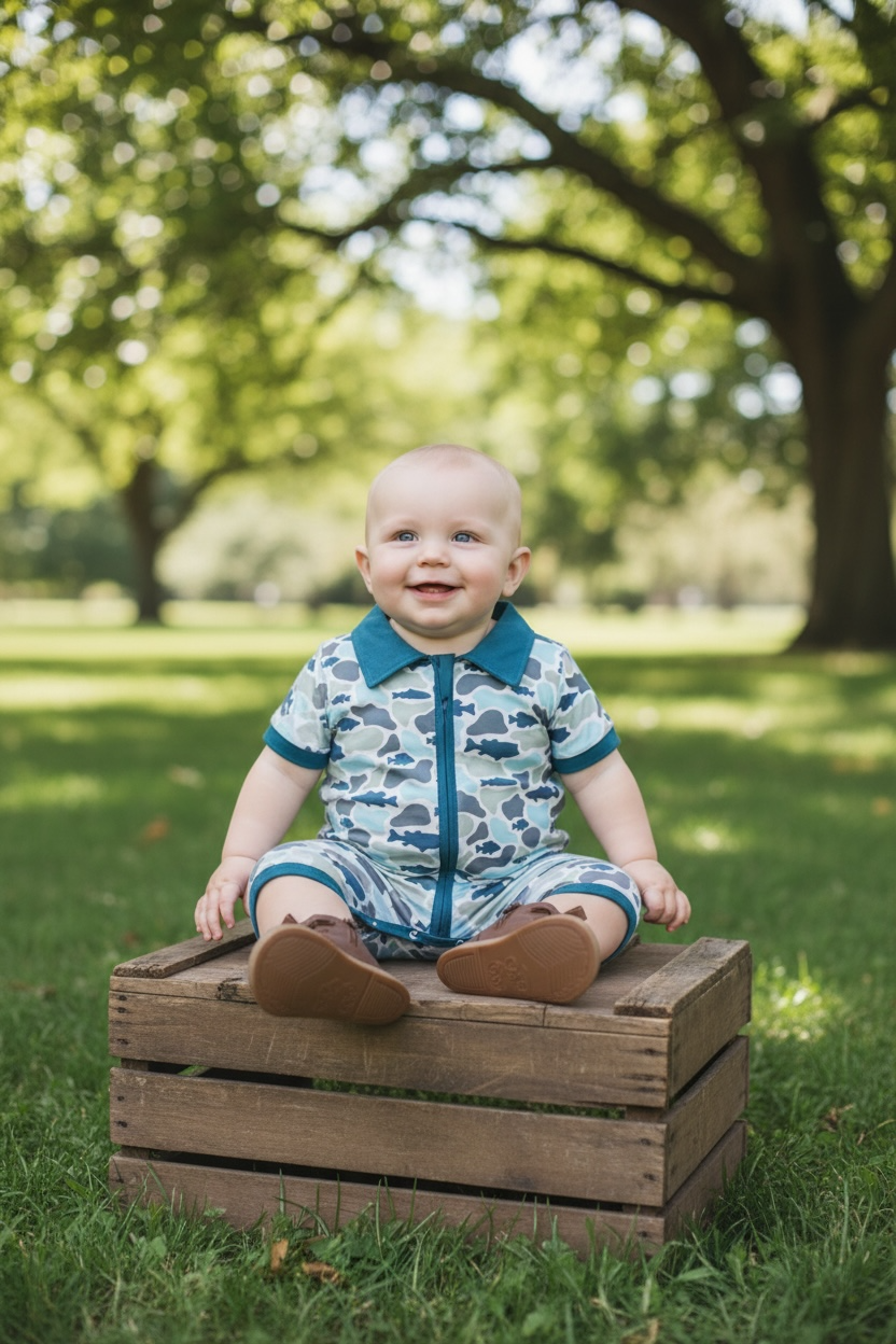 Camouflage printed boys baby romper with snaps. SR110610-AMY