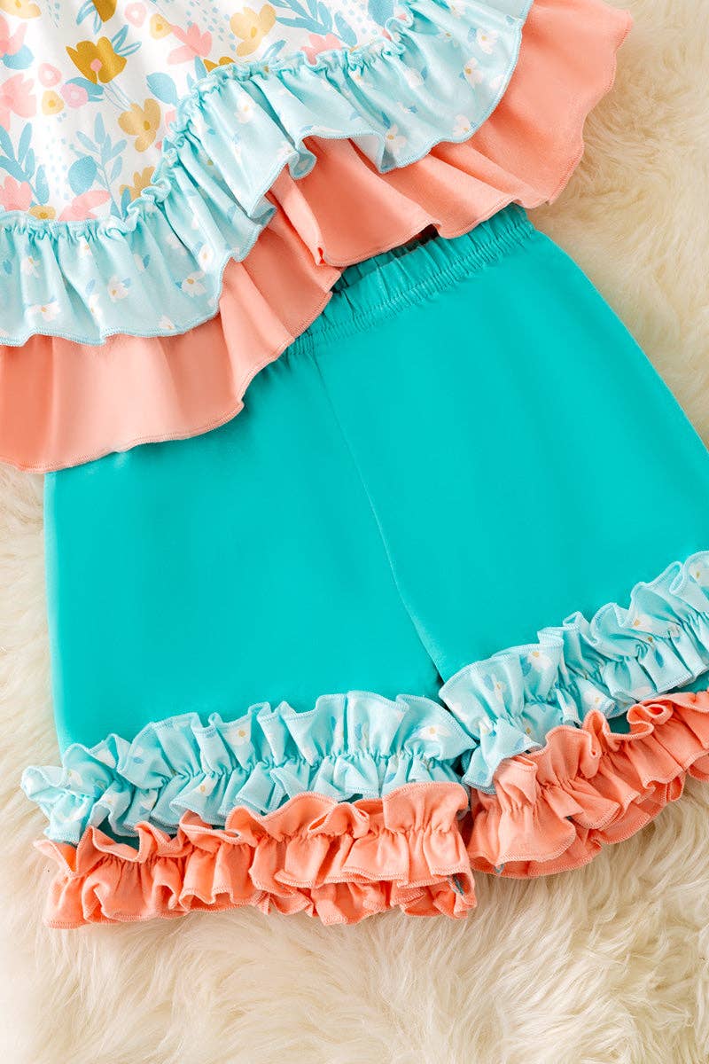 Peach & mint floral ruffle tunic & ruffle shorts. OFG50406 AMY
