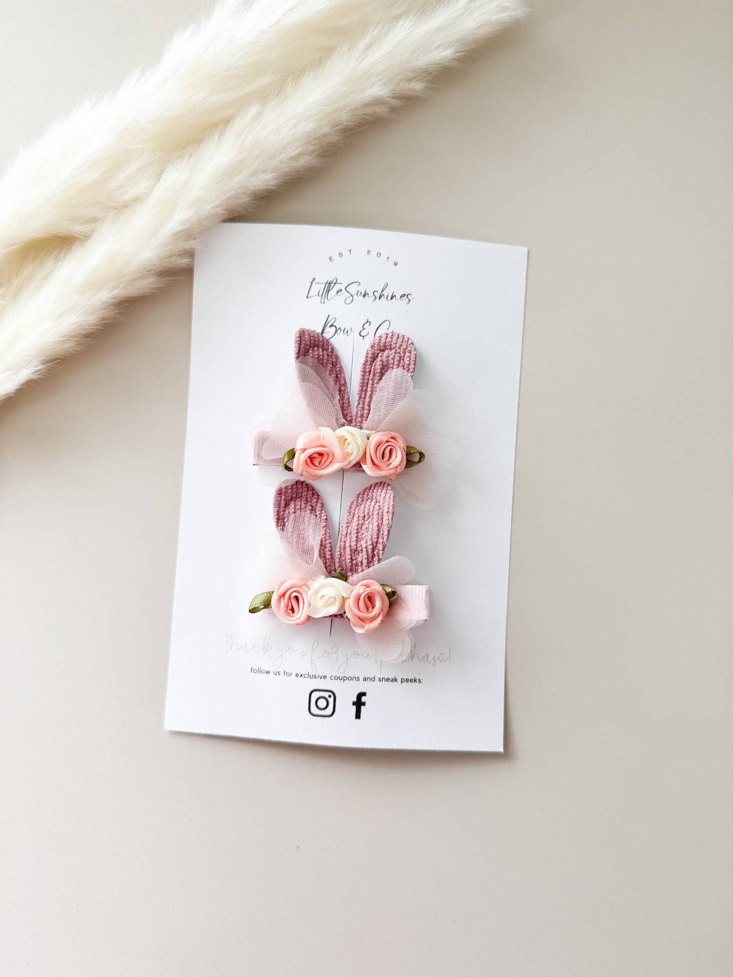 Neutral Bunny with Roses Headbands & Clip Set