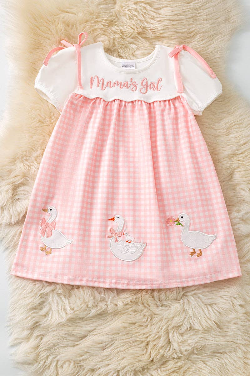 "Mama's Girl" Geese applique on pink gingham printed dress. DRG61562 SOL