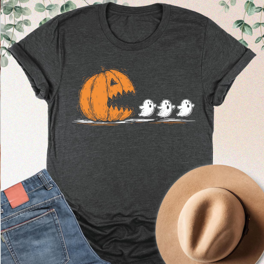 Halloween Pumpkin Pacman Ghosts T-Shirt, Spooky Cute Fall
