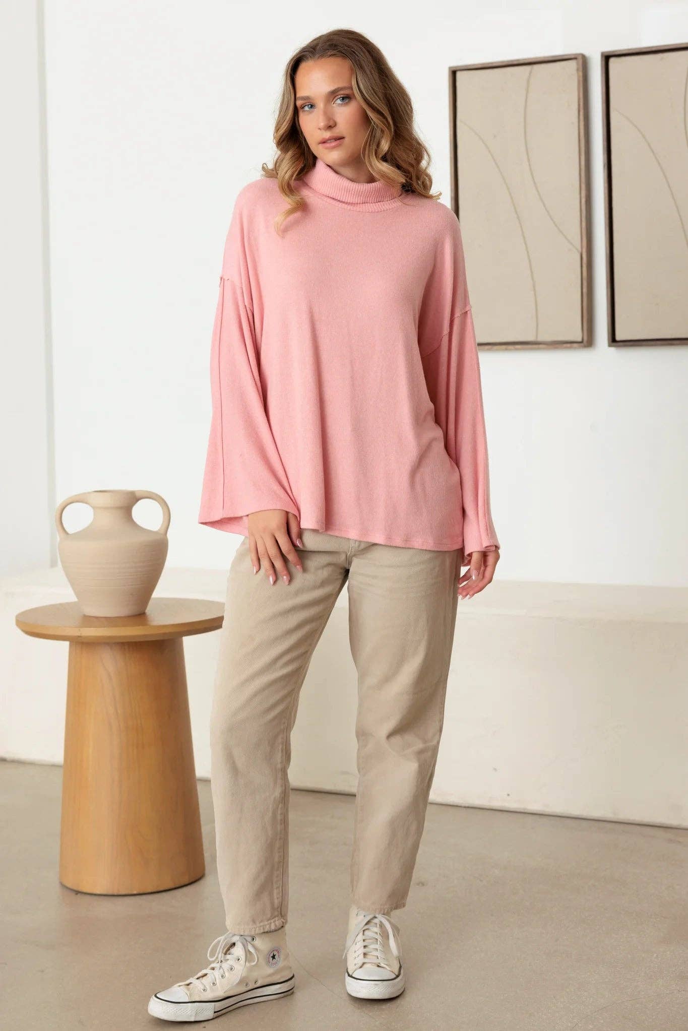 Turtle Neck Wide Long Sleeve Soft Touch Top