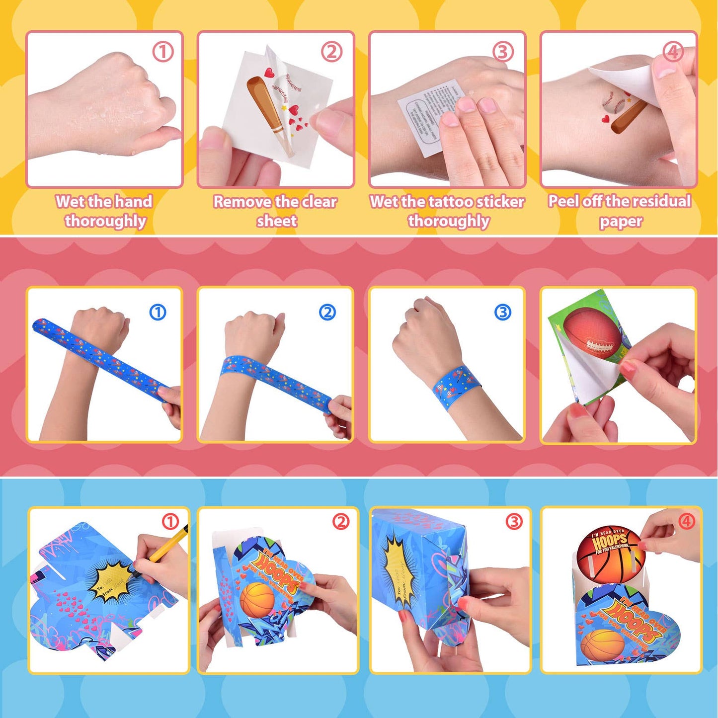 180pcs Sports-Themed Valentine Bracelets & Stickers w/ Cards