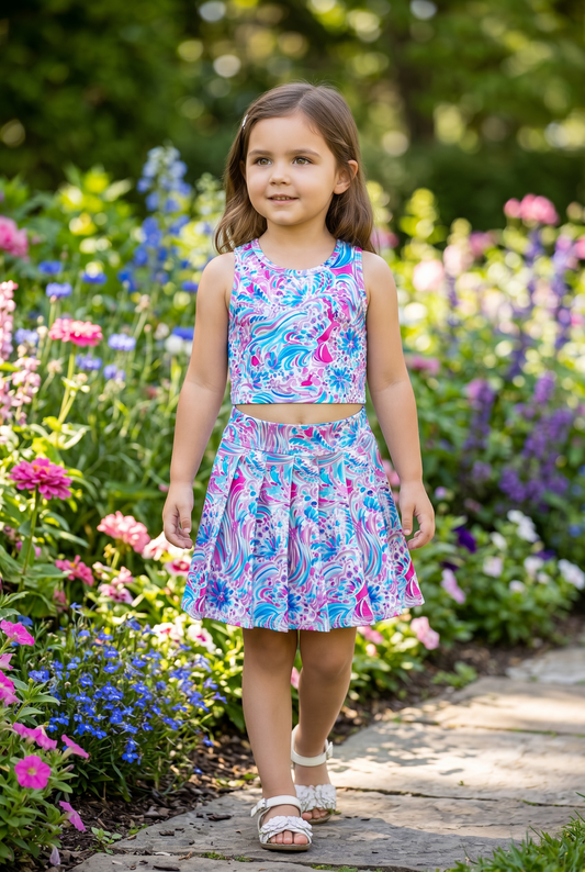 Blue fuchsia swirl printed top and skort.