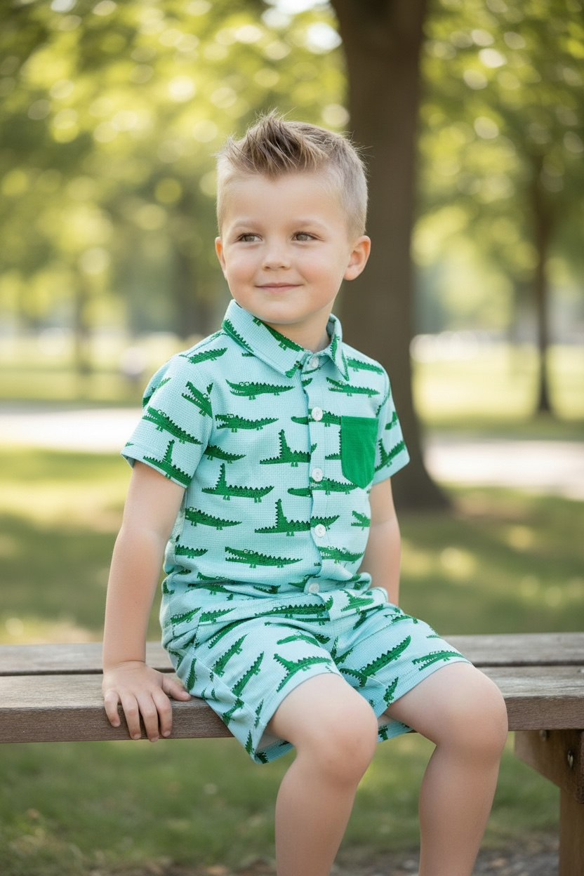 Cute crocodile printed on blue button up shirt and matching shorts. OFB60043 AMY