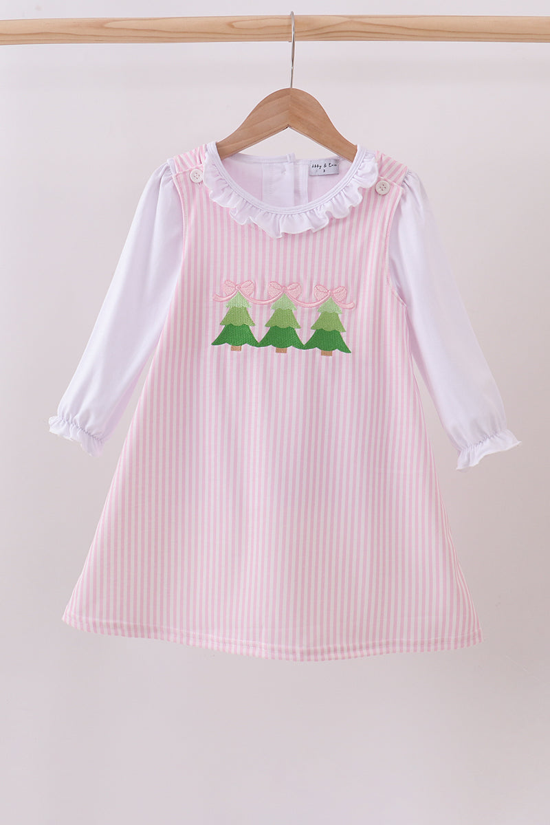 Pink christmas tree embroidery ruffle dress