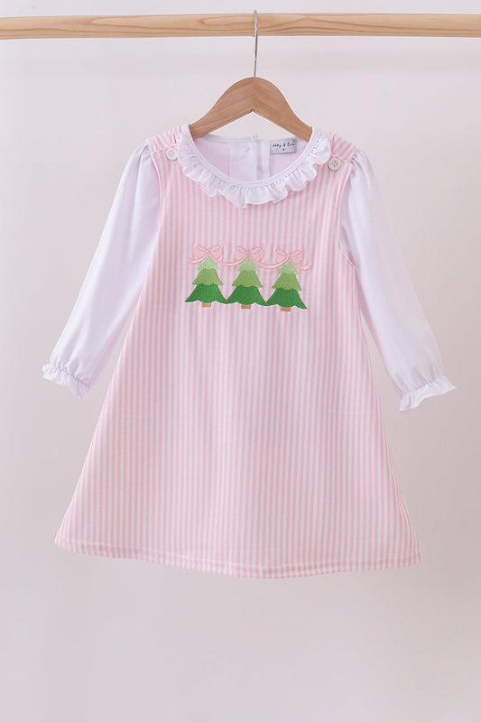 Pink christmas tree embroidery ruffle dress