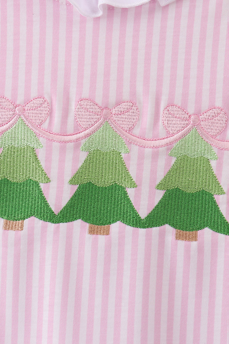 Pink christmas tree embroidery ruffle dress