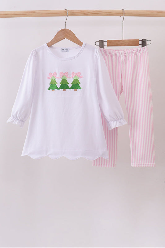 Pink christmas tree embroidery pants set