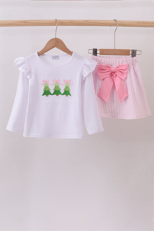 Pink christmas tree embroidery skorts set