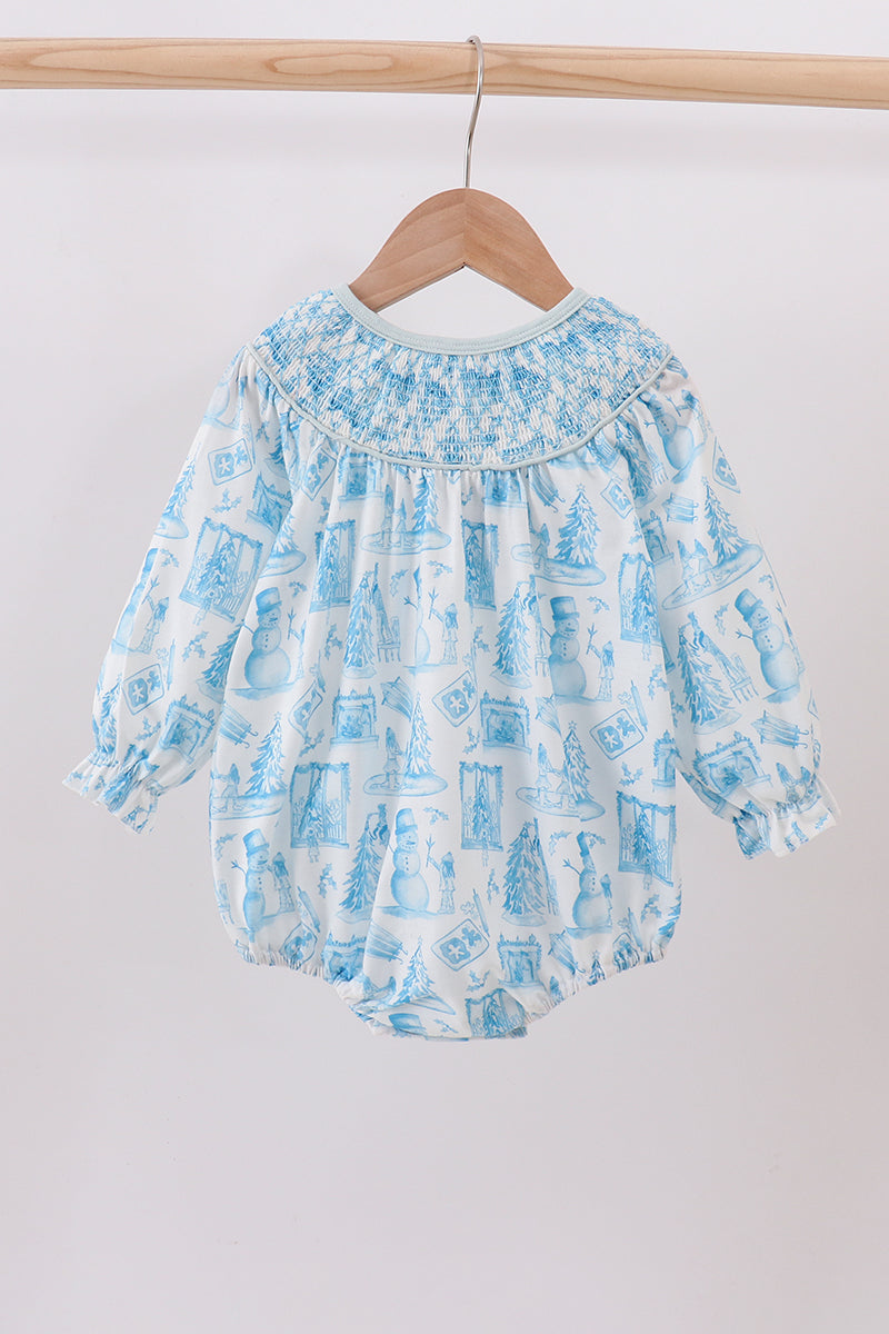 Blue snowman christmas tree smocked bubble