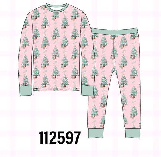 Pink christmas tree bamboo pants set