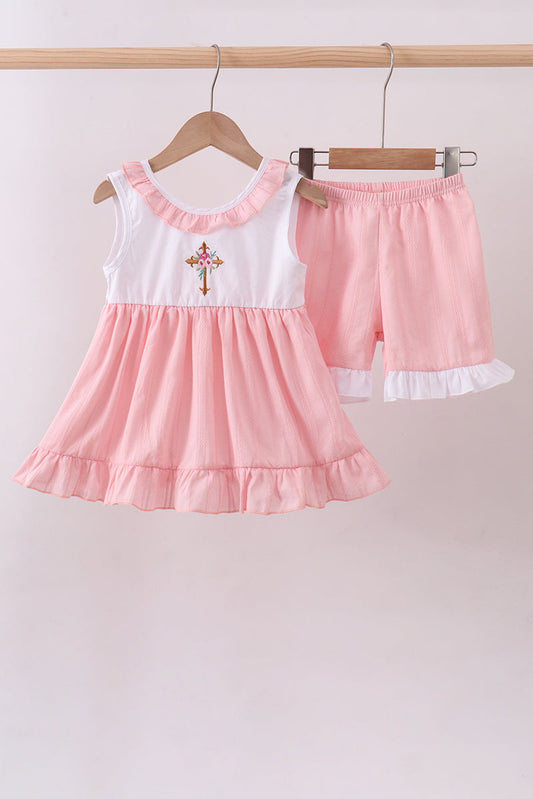 Pink cross jacquard embroidery shorts set