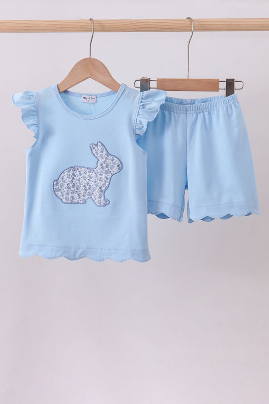 Blue bunny applique ruffle shorts set